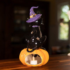 Blue Sky Clayworks Black Cat on Pumpkin Candle House