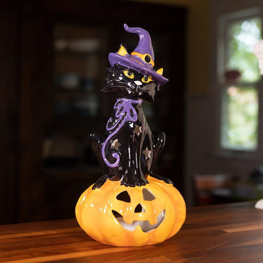 Blue Sky Clayworks Black Cat on Pumpkin Candle House