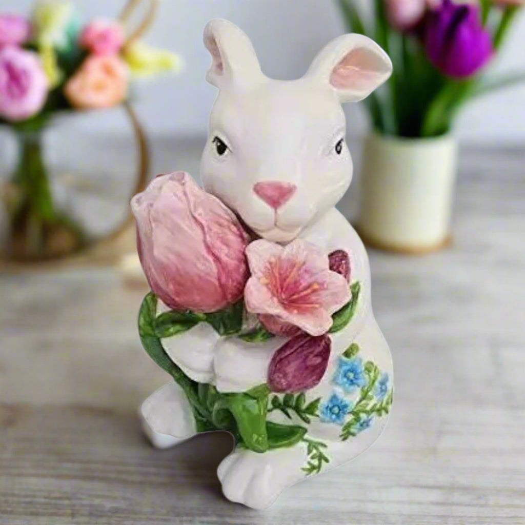 Blue Sky Clayworks Ceramic Painted Bunny Holding Tulips