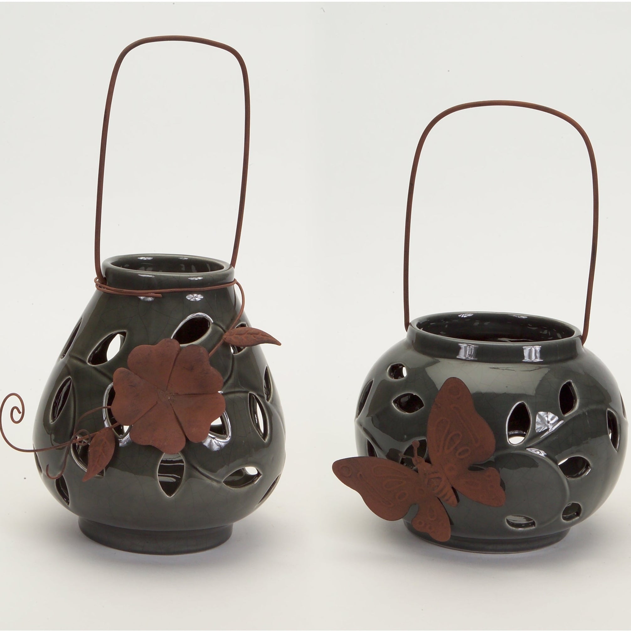 Ceramic Lantern Candle Holder with Metal Leaf Accent Set of 2