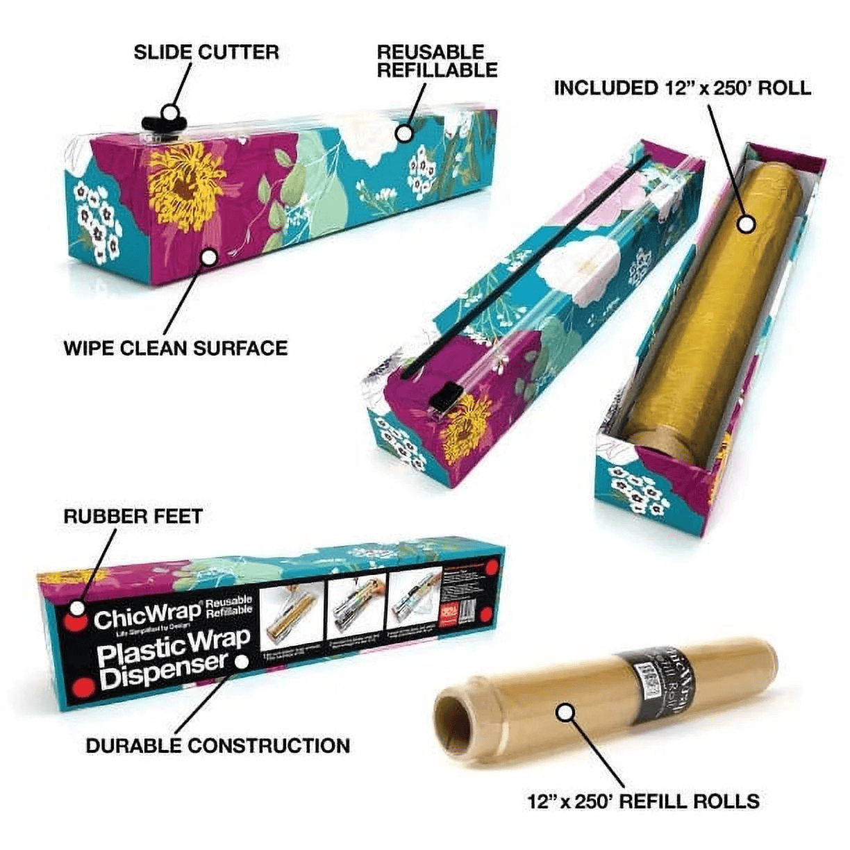 ChicWrap Refillable Plastic Wrap Dispenser for Kitchen with One Roll Included