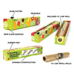 ChicWrap Refillable Plastic Wrap Dispenser for Kitchen with One Roll Included
