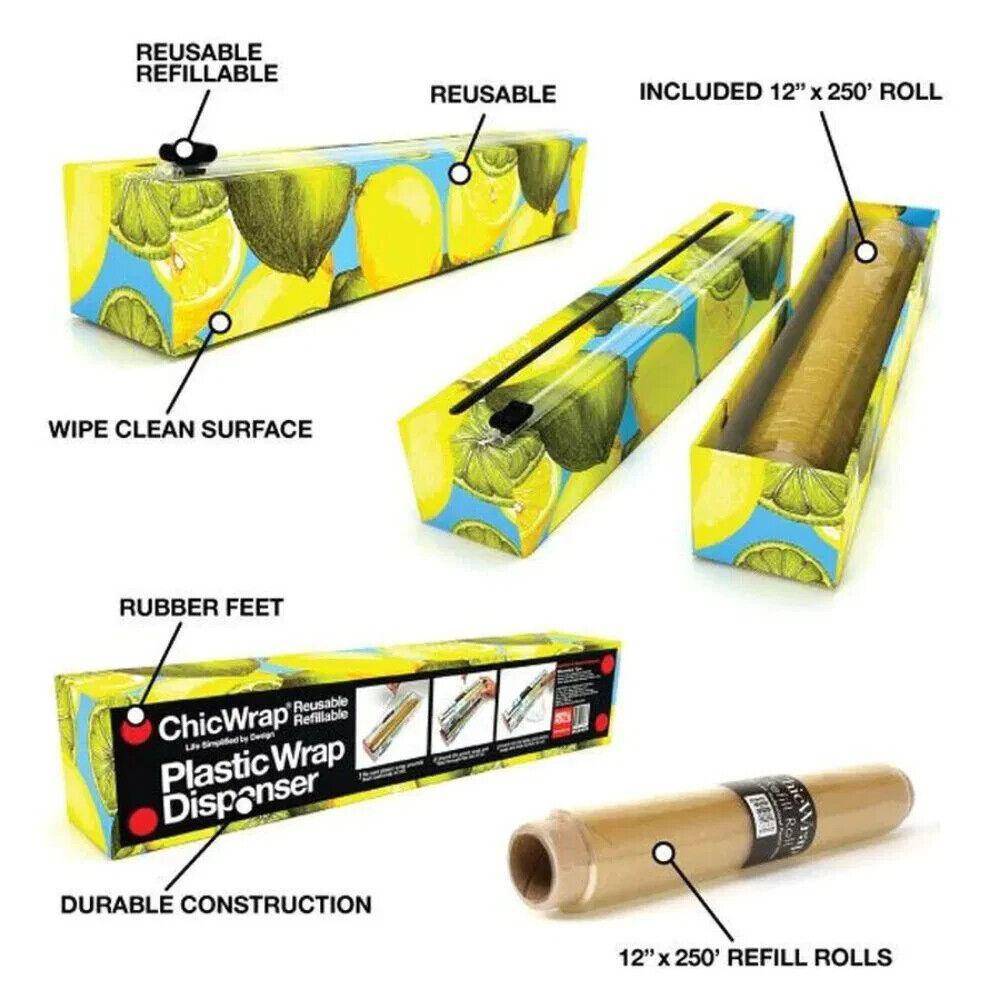 ChicWrap Refillable Plastic Wrap Dispenser for Kitchen with One Roll Included