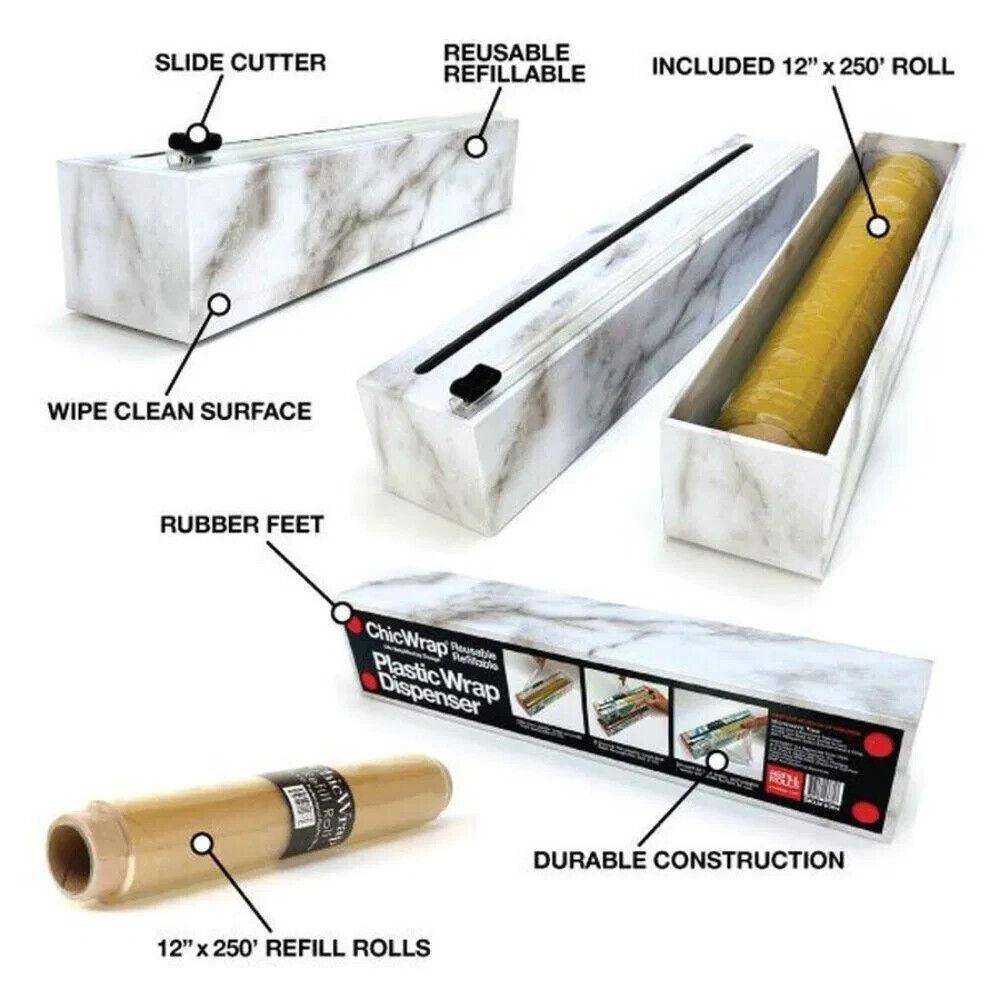 ChicWrap Refillable Plastic Wrap Dispenser for Kitchen with One Roll Included