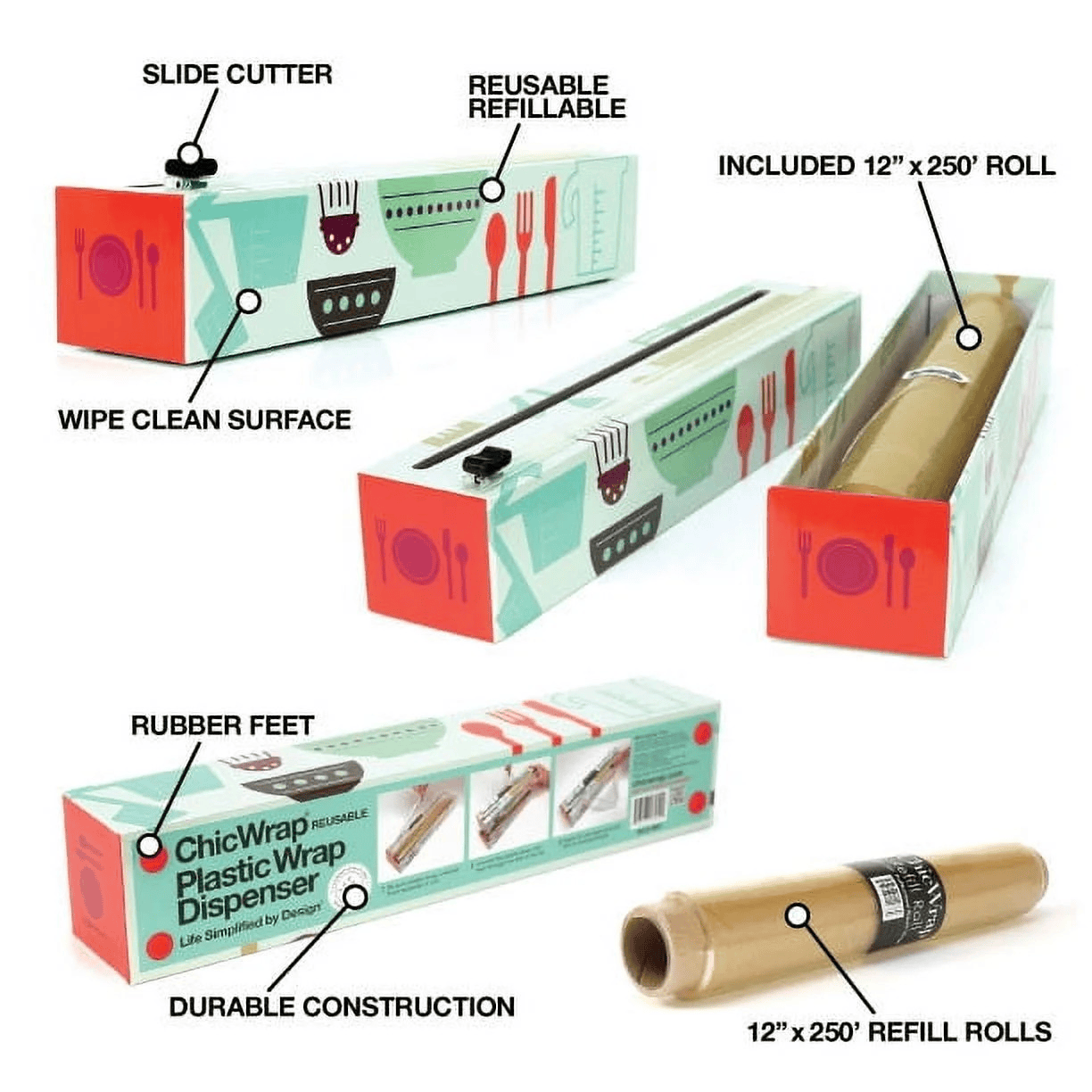 ChicWrap Refillable Plastic Wrap Dispenser for Kitchen with One Roll Included