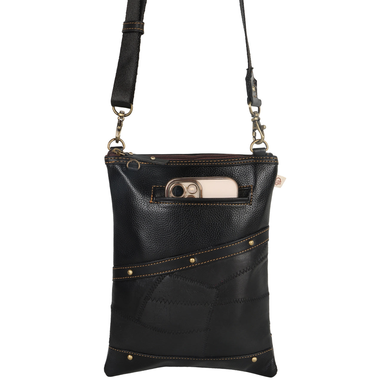 Crossbody Bag with Phone Pocket | Black Upcycled Leather Crossbody Purse | Vaan & Co