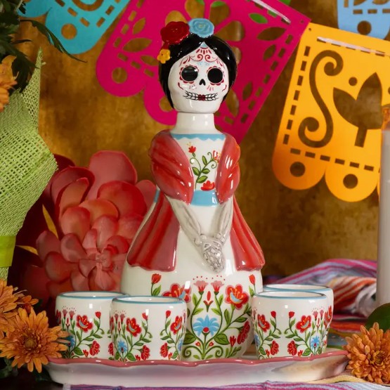 Day of the Dead Maria 5-Piece Decanter Set - Handcrafted Ceramic