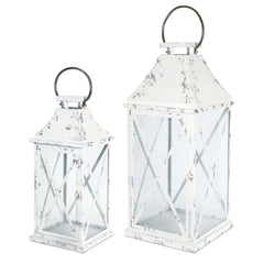 Farmhouse Distressed Metal Lantern Set of 2 White