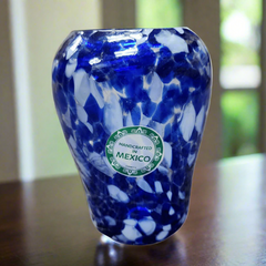 Hand Blown Mexican Frit Art Glass Vase Cobalt Blue 5 Inch