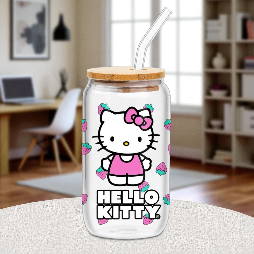 Hello Kitty Strawberry Toss Glass Tumber with Bamboo Lid 16 oz