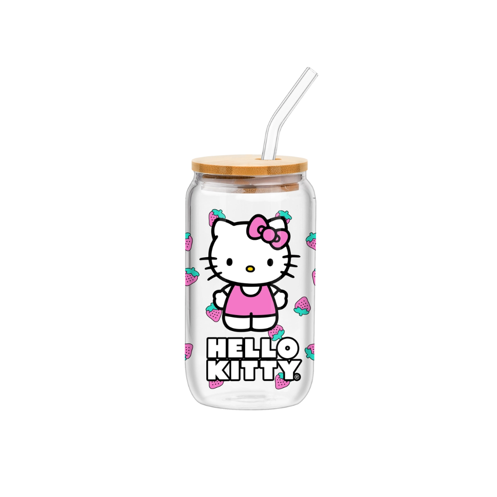 Hello Kitty Strawberry Toss Glass Tumbler with Bamboo Lid 16 oz