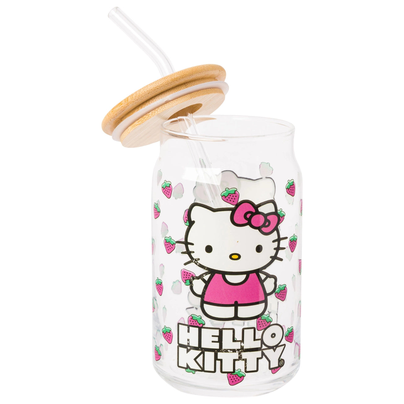 Hello Kitty Strawberry Toss Glass Tumbler with Bamboo Lid 16 oz
