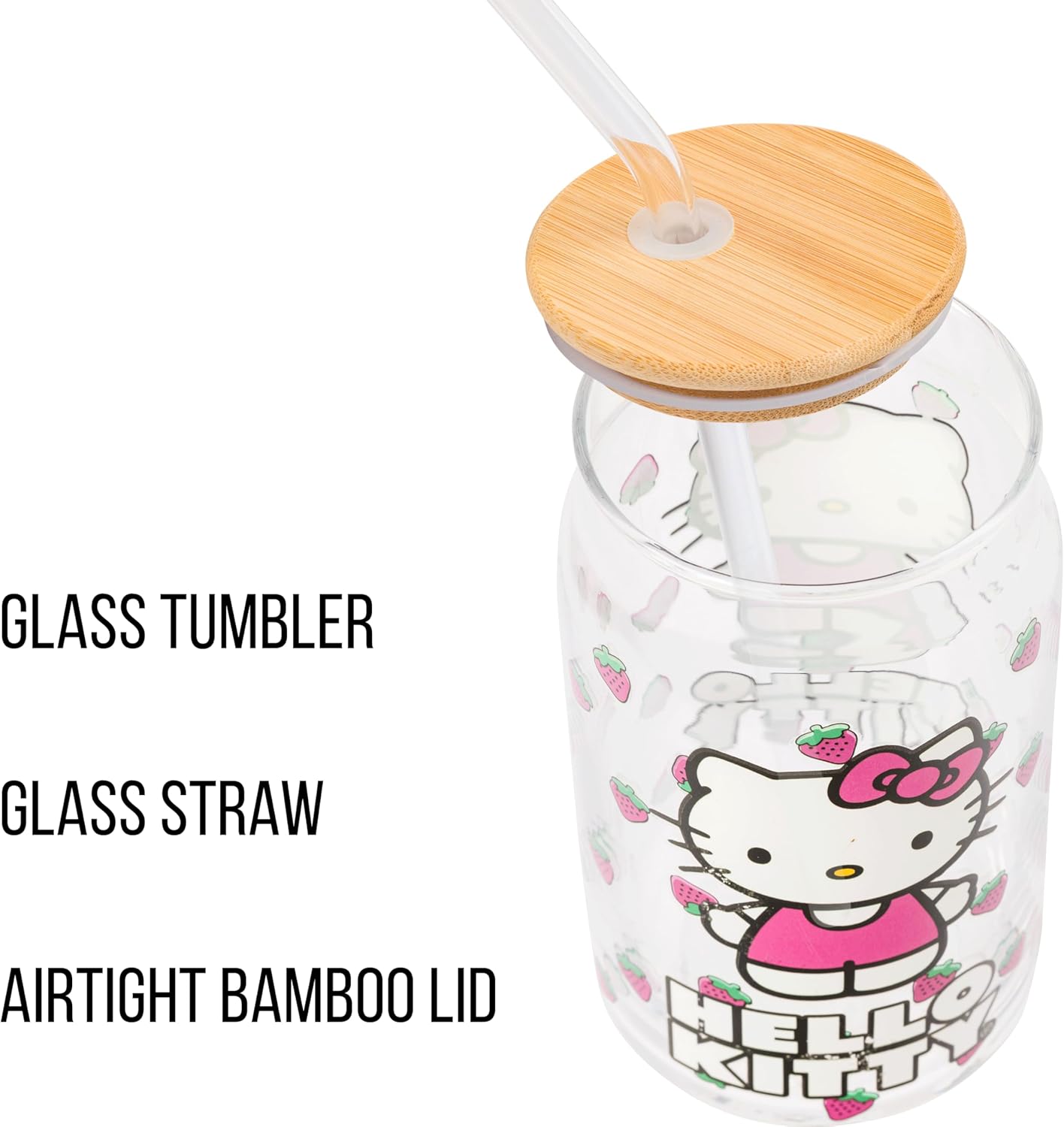 Hello Kitty Strawberry Toss Glass Tumbler with Bamboo Lid 16 oz