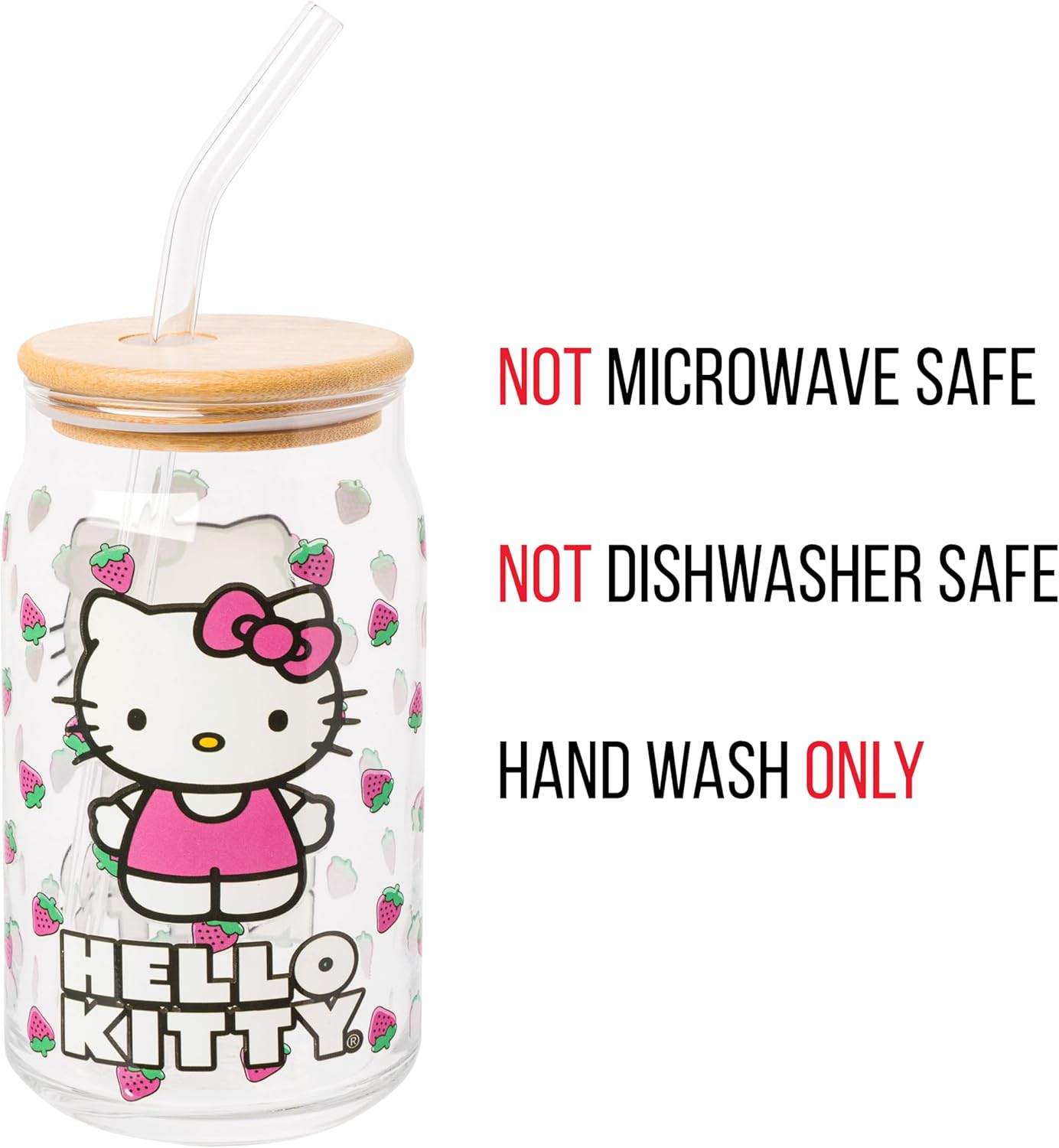 Hello Kitty Strawberry Toss Glass Tumbler with Bamboo Lid 16 oz