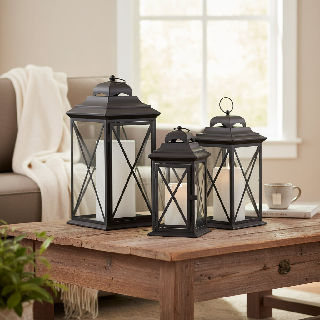 Iron Metal Lantern Set of 3 Black