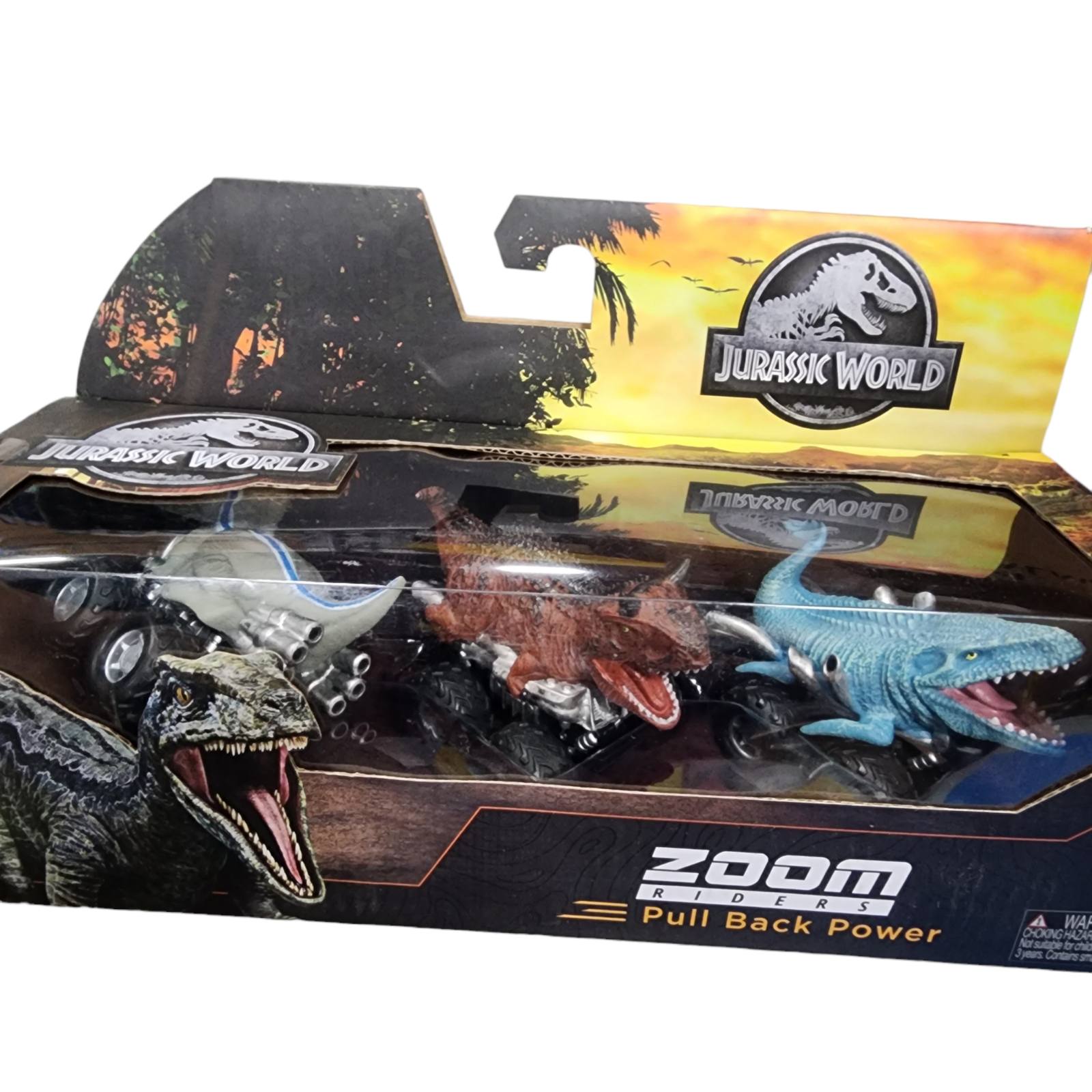 Jurassic World Zoom Riders Pull Back Power Dinosaur Cars Race and Battle - 3 Pk