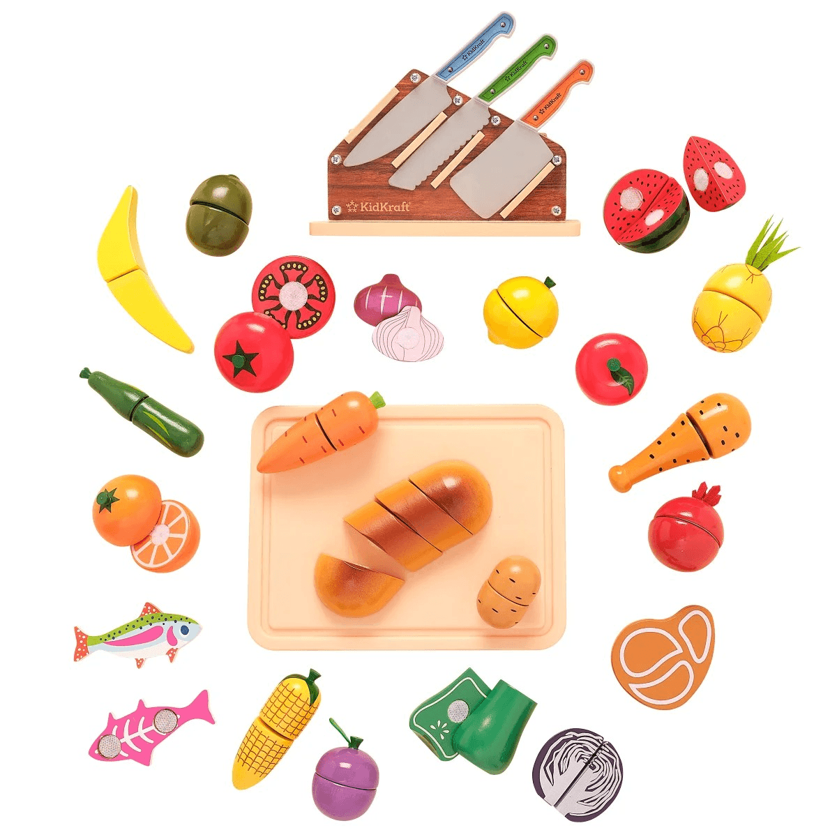 KidKraft Chop It Up Wood Food Grocery Cooking with Knife Block Play Knives 52pc