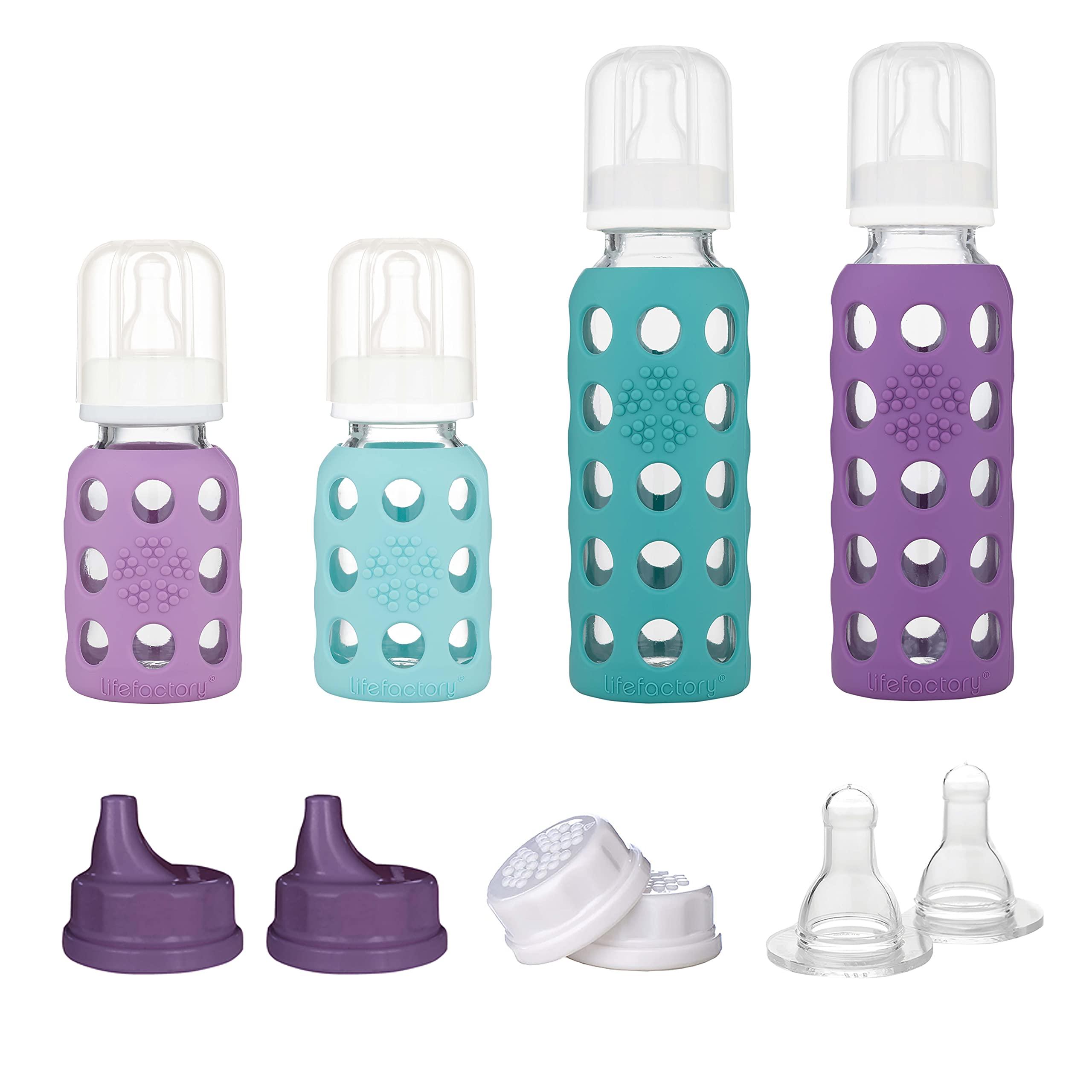 Lifefactory 4 Bottle Starter Set (2) 4-Ounce Baby Bottle in Mint/Lavender (2) 9-Ounce Baby Bottle in Kale/Grape (2) Flat Caps (2) Sippy Caps (2) Stage 2 Nipples