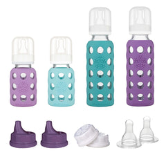 Lifefactory 4 Bottle Starter Set (2) 4-Ounce Baby Bottle in Mint/Lavender (2) 9-Ounce Baby Bottle in Kale/Grape (2) Flat Caps (2) Sippy Caps (2) Stage 2 Nipples