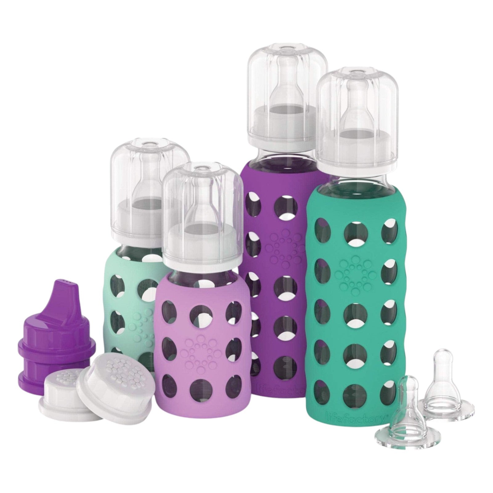 Lifefactory 4 Bottle Starter Set (2) 4-Ounce Baby Bottle in Mint/Lavender (2) 9-Ounce Baby Bottle in Kale/Grape (2) Flat Caps (2) Sippy Caps (2) Stage 2 Nipples