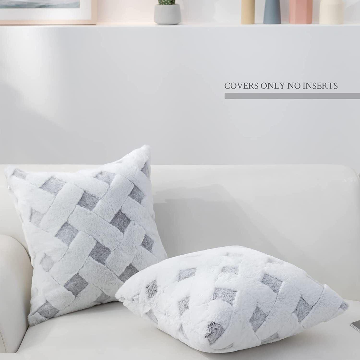 Luxury Faux Fur Plush Pillow Cover in Gray/White 18 inch (2pk)