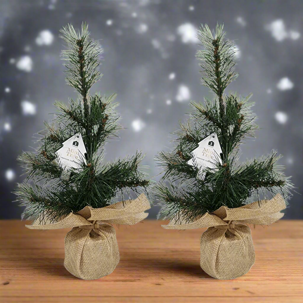 Mini Artificial Pine Tree Sapling 12 Inch Faux Burlap Wrapped Base 2 Pk