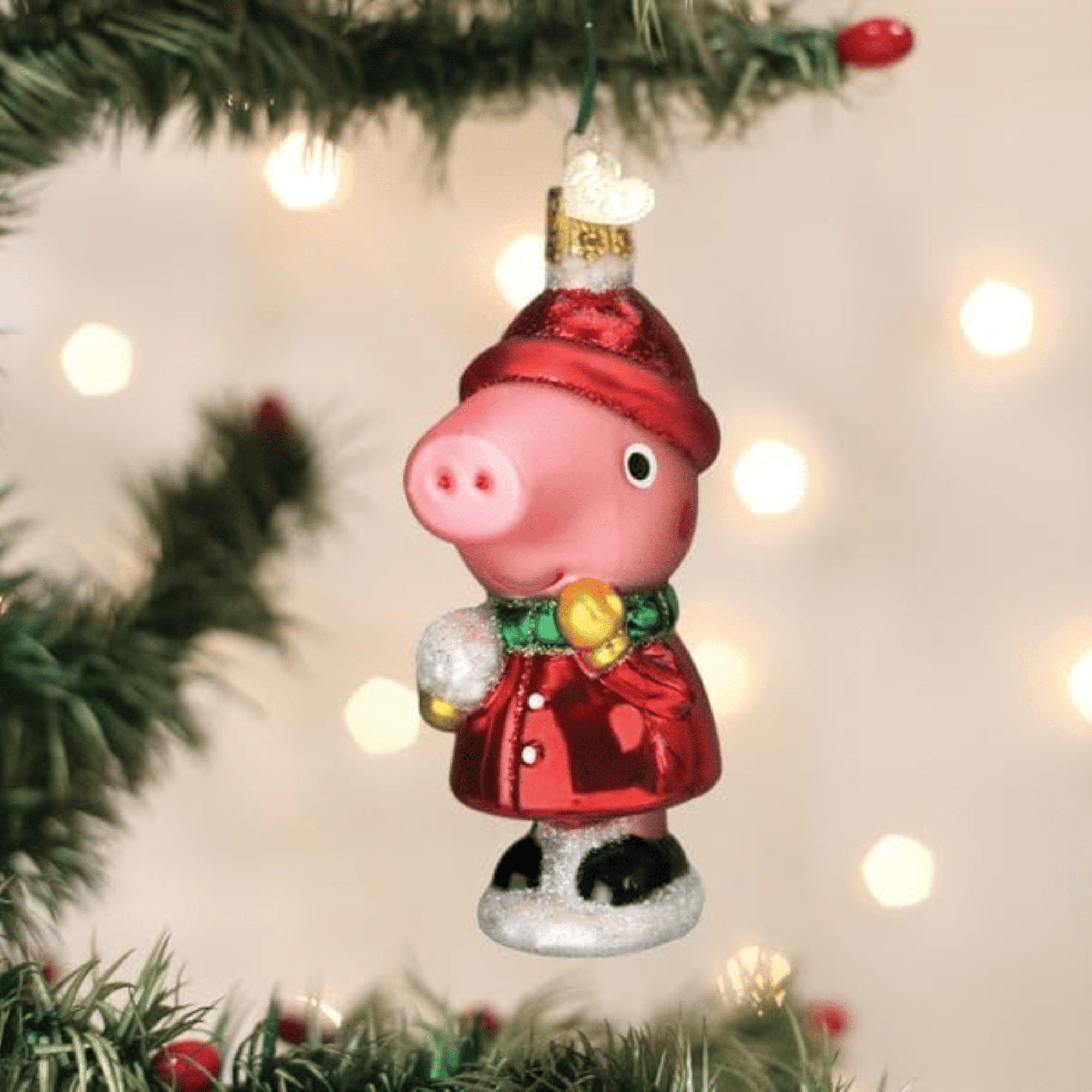 Old World Christmas Peppa Pig with Snowball Glass Holiday Ornament