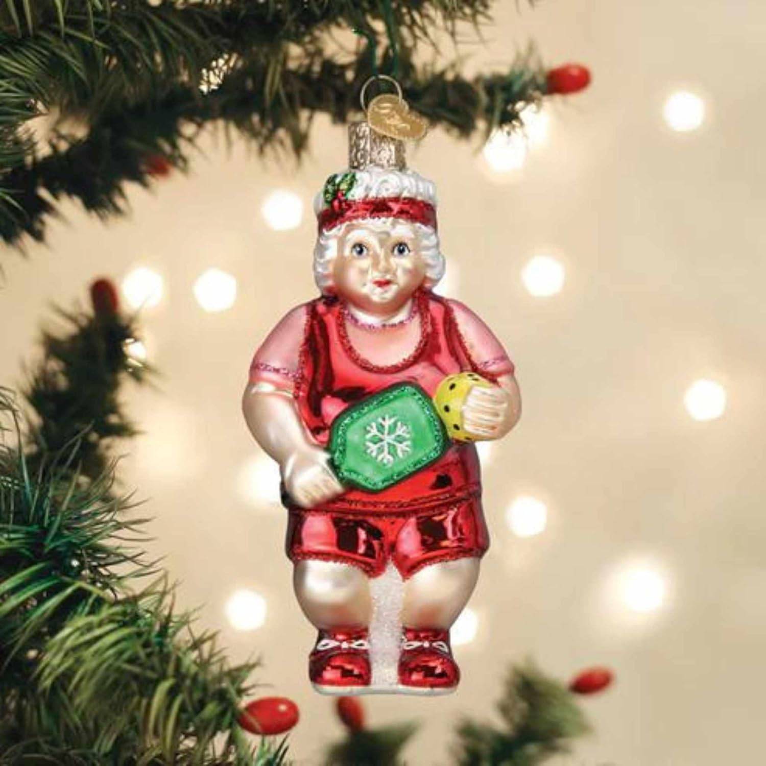 Old World Christmas Santa and Mrs Claus Pickleball Glass Ornament Set