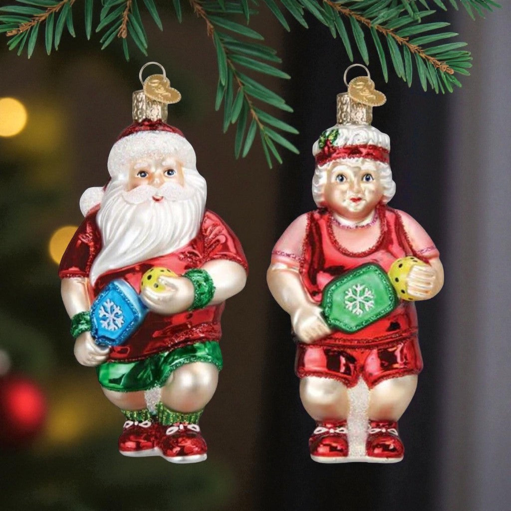 Old World Christmas Santa and Mrs Claus Pickleball Glass Ornament Set