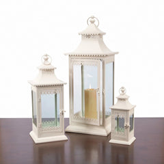 Ornamental Ivory Metal Lantern Set of 3 White
