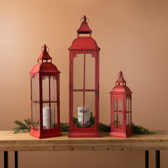 Ornamental Metal Floor Lantern Set of 3 Red