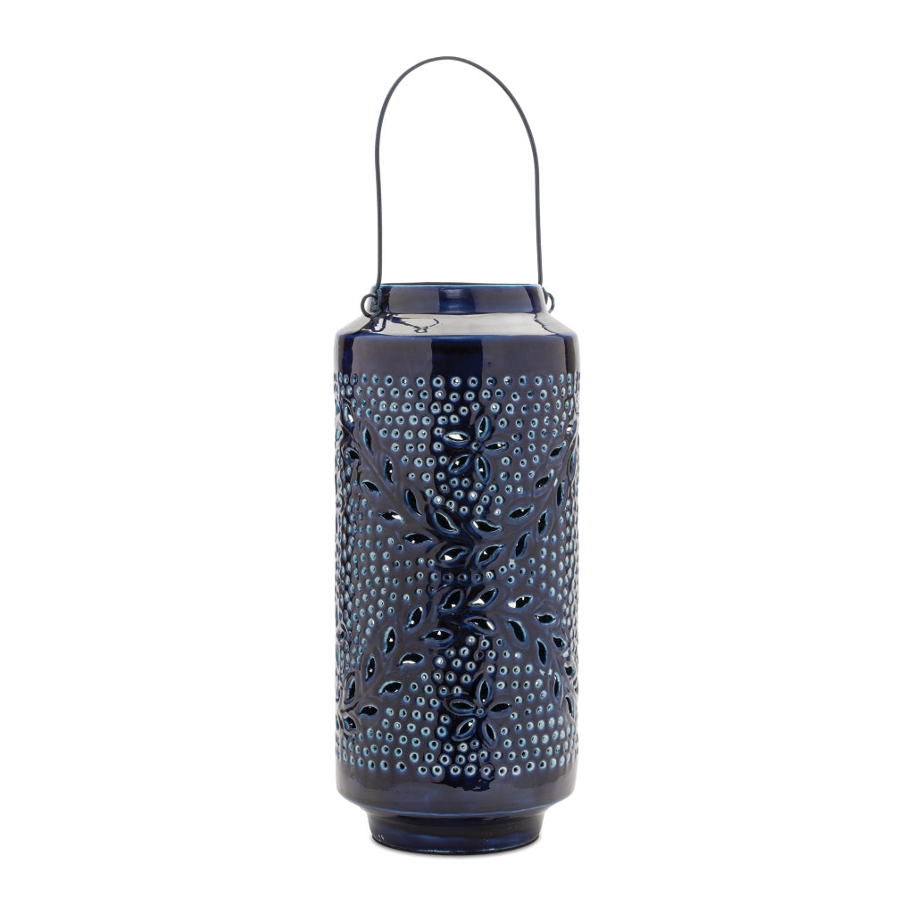 Pierced Metal Candle Lantern 15.5"H Blue