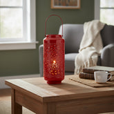 Pierced Metal Candle Lantern 15.5"H Red