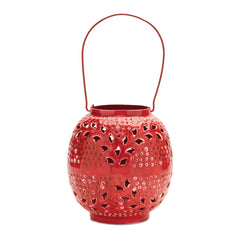 Pierced Metal Candle Lantern 8"H Red
