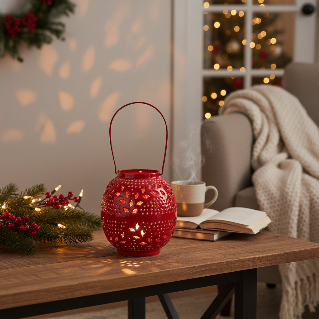 Pierced Metal Candle Lantern 8"H Red