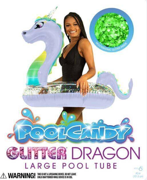 Pool Candy Dragon Pool Float Large Pool Tube Holographic Glitter 40" Ages 6+