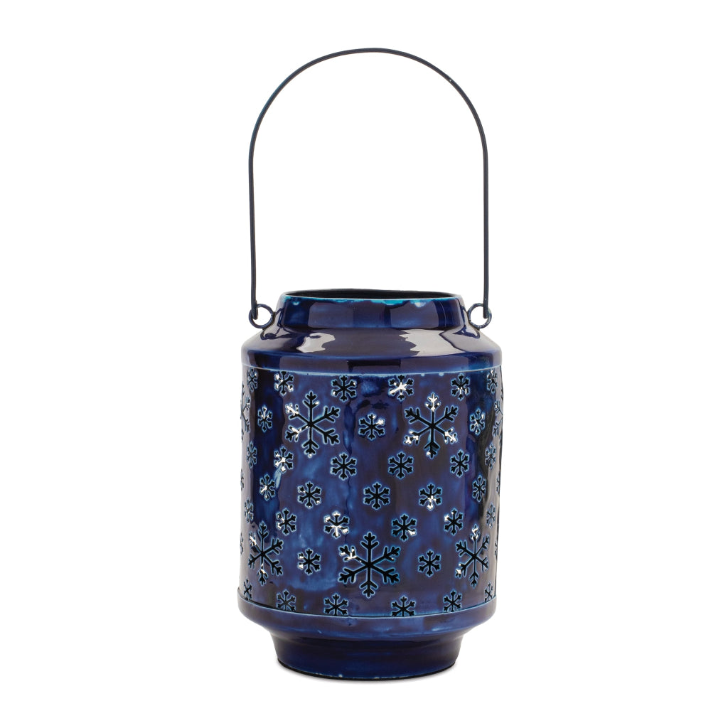 Punched Metal Candle Lantern 9.5"H Blue