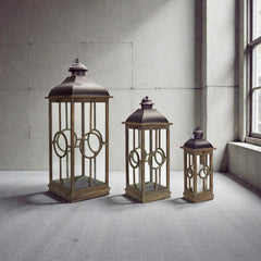 Rustic Metal & Wood Lantern Set of 3