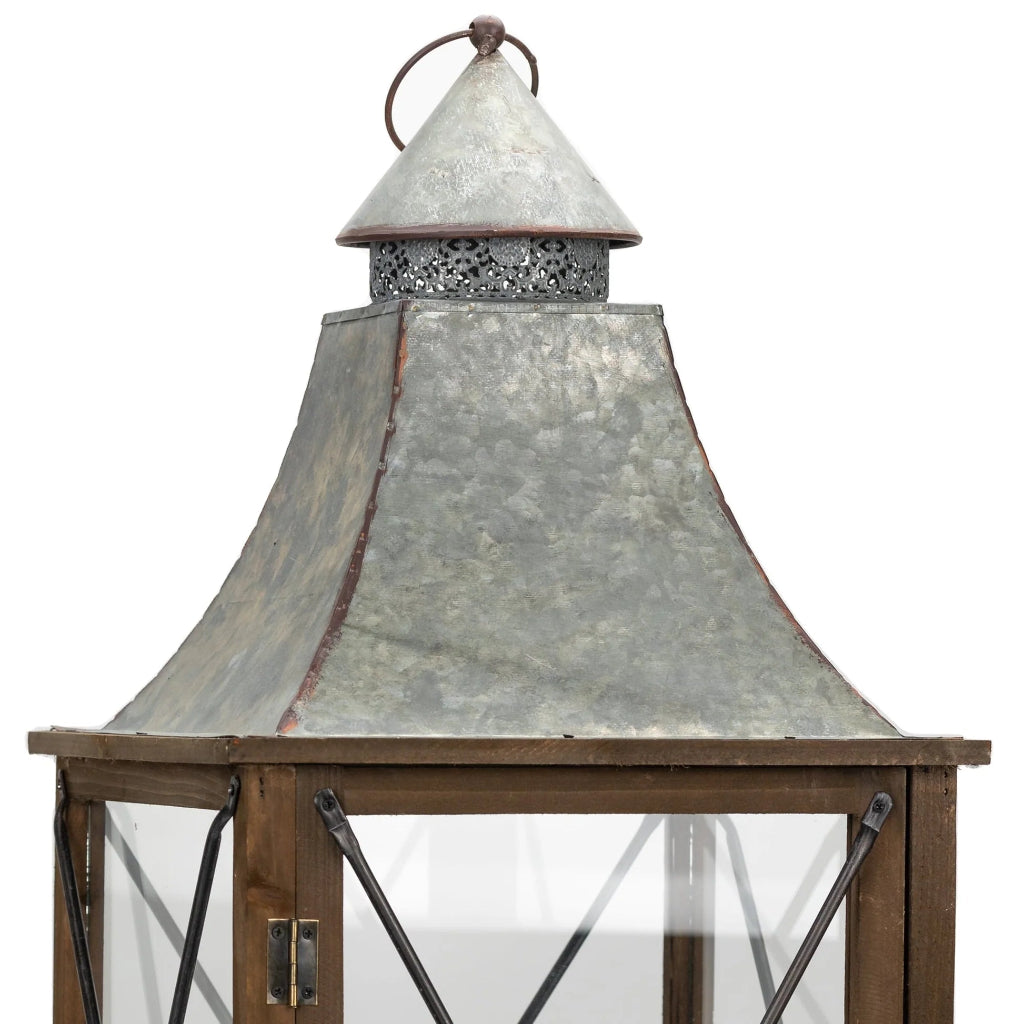 Rustic Wood Lantern With Metal Lid Set of 2