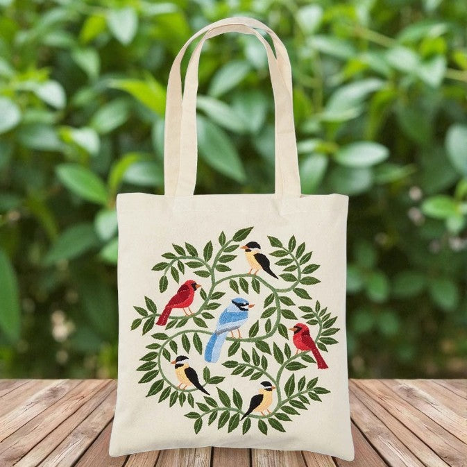 Woodland Birds Embroidered Tote Bag