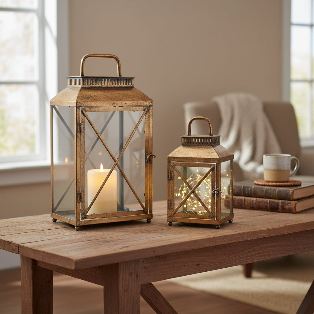 Antique Brass Styled Metal Lantern Set of 2