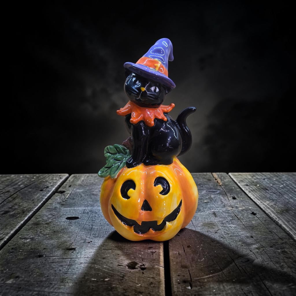 Black Cat on Pumpkin Halloween Figure