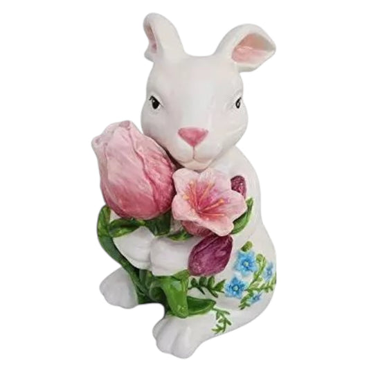 Blue Sky Clayworks Ceramic 9" Painted Bunny Holding Tulips - Sammi's Attic
