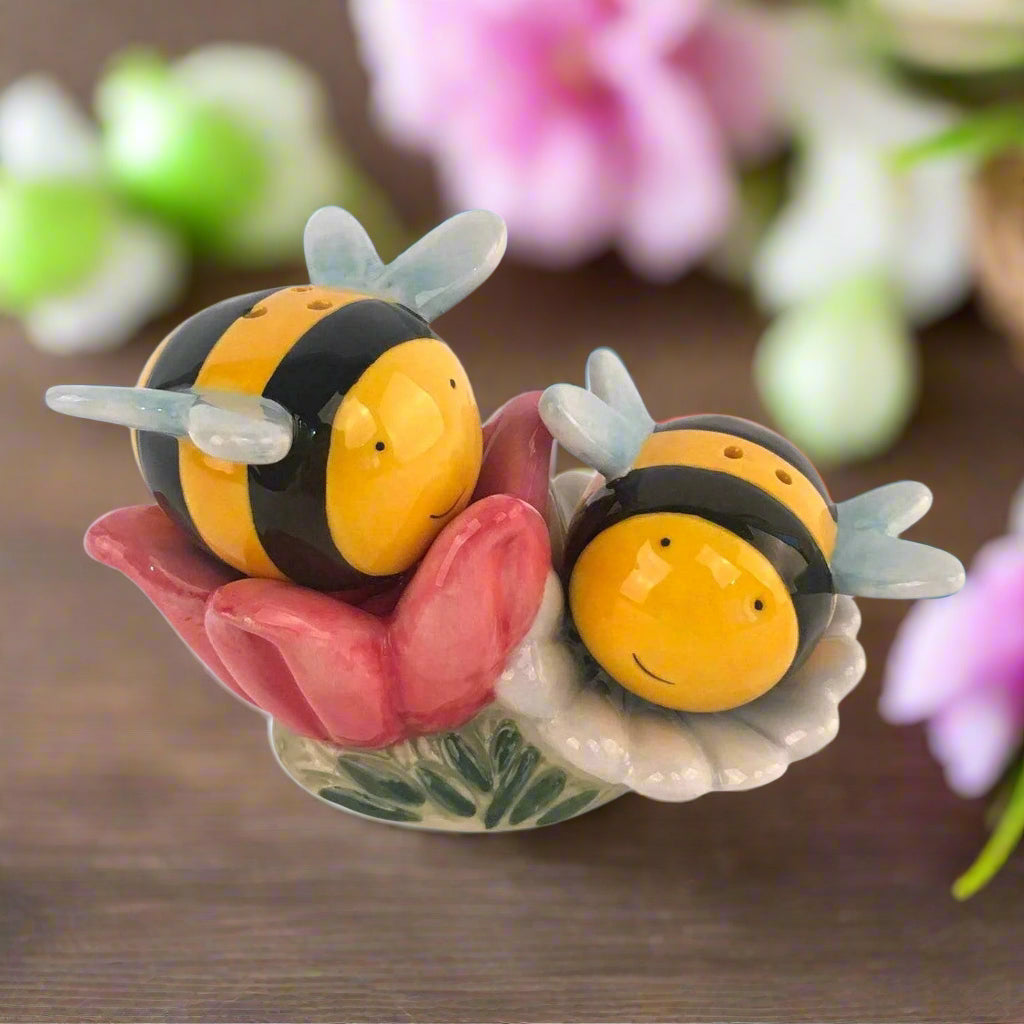 Blue Sky Clayworks Ceramic Bumble Bee and Flower Salt & Pepper Set