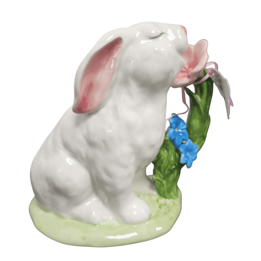 Blue Sky Clayworks Ceramic Painted Bunny Smelling Flowers Figurine - Sammi's Attic