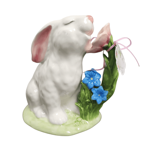 Blue Sky Clayworks Ceramic Painted Bunny Smelling Flowers Figurine - Sammi's Attic