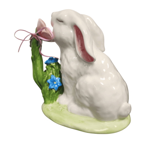 Blue Sky Clayworks Ceramic Painted Bunny Smelling Flowers Figurine - Sammi's Attic