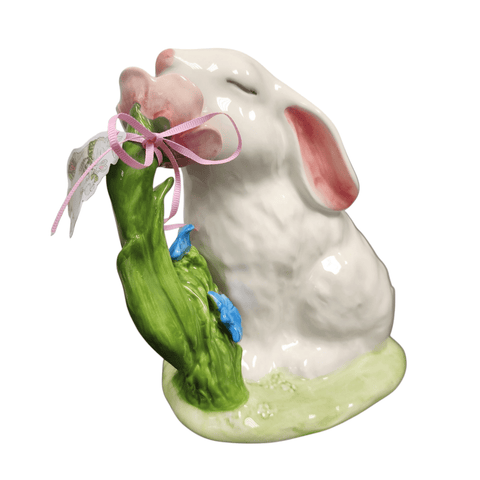 Blue Sky Clayworks Ceramic Painted Bunny Smelling Flowers Figurine - Sammi's Attic
