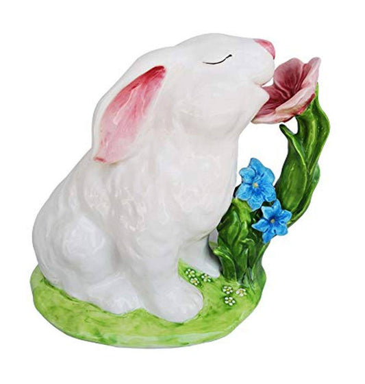 Blue Sky Clayworks Ceramic Painted Bunny Smelling Flowers Figurine - Sammi's Attic