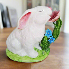 Blue Sky Clayworks Ceramic Painted Bunny Smelling Flowers Figurine